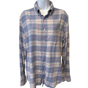 Faherty Womens Blue Beige Plaid Button Down Shirt Sz M Stretch Coastal Outdoors